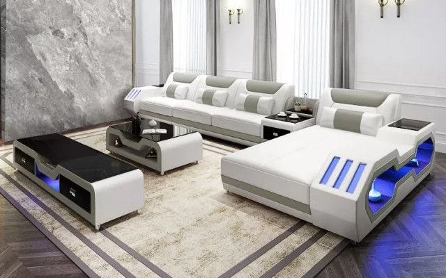 Ledersofa Led Beleuchtete Designer Eckcouch Polster Eckgarnitur Sofa 2tlg