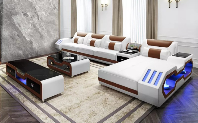 Ledersofa Led Beleuchtete Designer Eckcouch Polster Eckgarnitur Sofa 2tlg