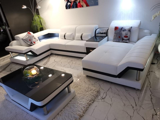 Ecksofa U-Form Couchtisch Polster Garnitur Wohnlandschaft Design Ecksofa Led usb