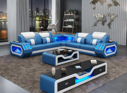 Ecksofa L Form Couchtisch Sofa Couch Design Polster Leder Modern Blau Tisch neu