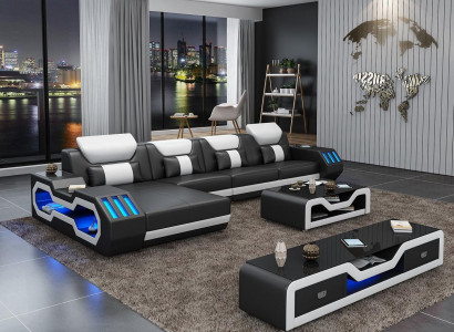 Leder Modern Couch Wohnlandschaft Ledersofa Sofagarnitur Sofa L-Form Couchtisch