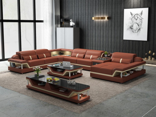 Ecksofa Beige mit Couchtisch 2tlg. Wohnzimmer Ledersofa Set Eckgarnitur Tisch