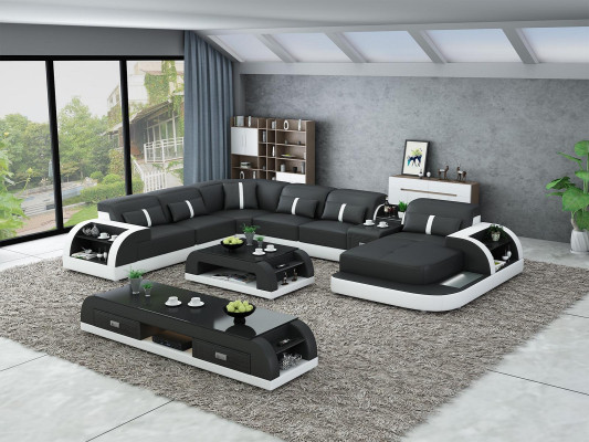Garnitur Design Wohnlandschaft Ecksofa Sofa Couch U-Form Tisch Leder 2tlg. sets