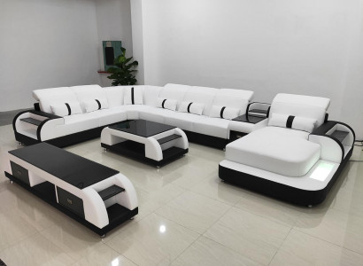 Wohnlandschaft Couch Polster Sofa Garnitur 3tlg. Set Couchtisch Sideboard Leder