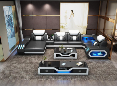 Moderne Design Wohnlandschaft Sofa Ecksofa Couch Polster rtv Couchtisch Leder