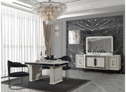 Esszimmer Garnitur Esstisch 4x Stühle Tisch Lehnstuhl Anrichte Spiegel 7tlg