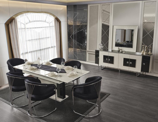 Luxus Esszimmer Garnitur Esstisch mit 6x Lehnstühlen Kommode Spiegel 8tlg