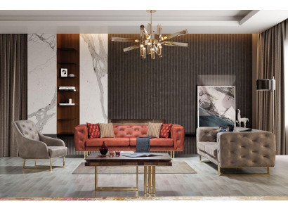 Chesterfield Bunte Couch Sofagarnitur Möbel Set 3+3+1 Gruppe Textil