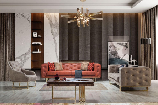 Chesterfield Textil Stoff Sofa Edles Design Klassische Möbel braun 3 Sitz