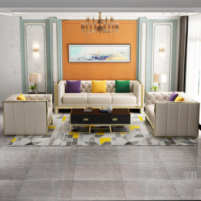 Beige Chesterfield Sofagarnitur 3+2 Sitzer Polstersofas Leder Wohnzimmer Garnitur