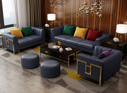 Blaue Sofagarnitur Leder 3+2 Sitzer Set Polstersofas Wohnzimmer Couchen