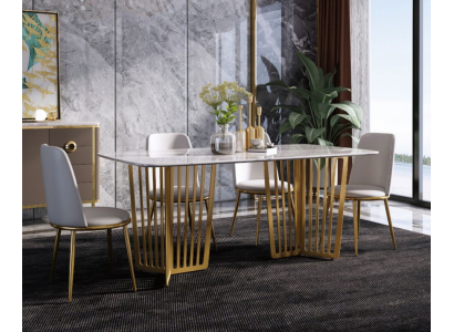 Luxus Esstisch Leder + Edelstahl Marmor Imitation Tisch Stein Esszimmer