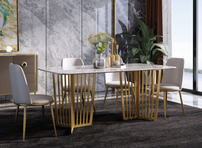 Luxus Esstisch Leder + Edelstahl Marmor Imitation Tisch Stein Esszimmer