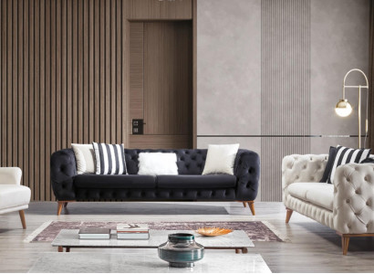 Sofagarnitur Sofa 3+3+1 Sitzer Schwarz Chesterfield Sessel Möbel