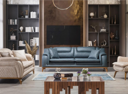 Sofagarnitur 3+3+1 Sitzer Blau Sessel Luxus Leder Sofa Couch Möbel Western Stil