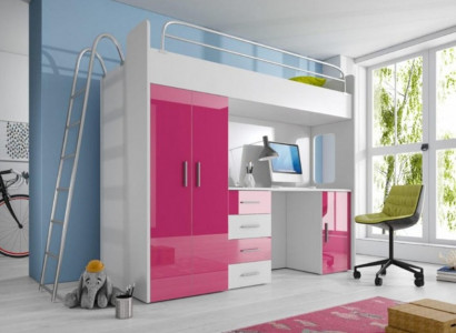 Rosa Doppelstockbett Holz Etagen Bett Mädchen Hochglanz mit Schreibtisch Schrank