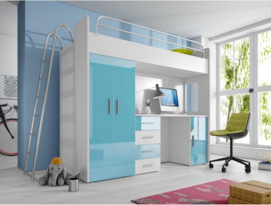 Blau Doppelstockbett Holz Etagen Bett Mädchen Hochglanz mit Schreibtisch Schrank