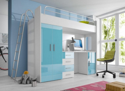 Blau Doppelstockbett Holz Etagen Bett Mädchen Hochglanz mit Schreibtisch Schrank