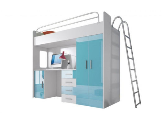 Blau Doppelstockbett Holz Etagen Bett Mädchen Hochglanz mit Schreibtisch Schrank