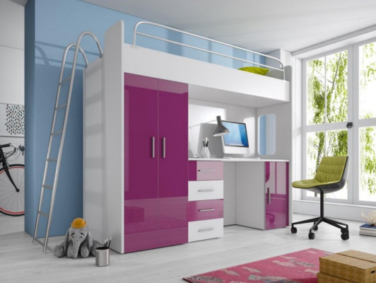 Lila Doppelstockbett Holz Etagen Bett Mädchen Hochglanz mit Schreibtisch Schrank