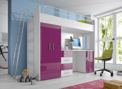 Lila Doppelstockbett Holz Etagen Bett Mädchen Hochglanz mit Schreibtisch Schrank