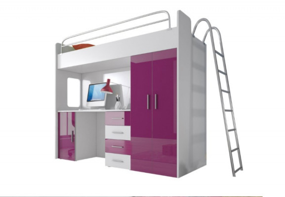Lila Doppelstockbett Holz Etagen Bett Mädchen Hochglanz mit Schreibtisch Schrank