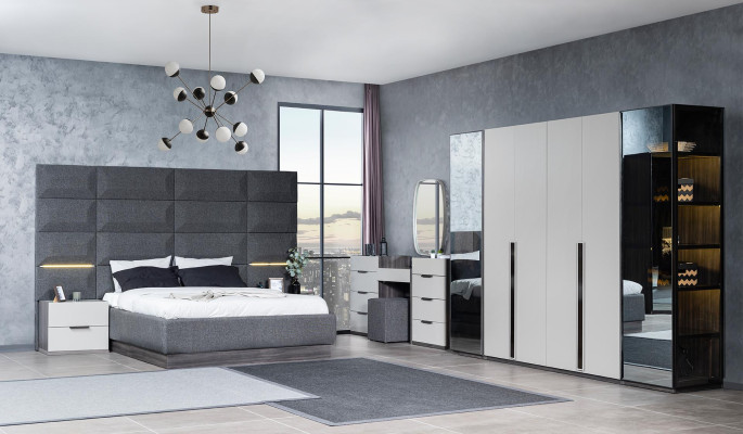 Komplett Schlafzimmer Möbel Set Bett 2x Nachttisch Schminktisch Spiegel 5tlg Neu