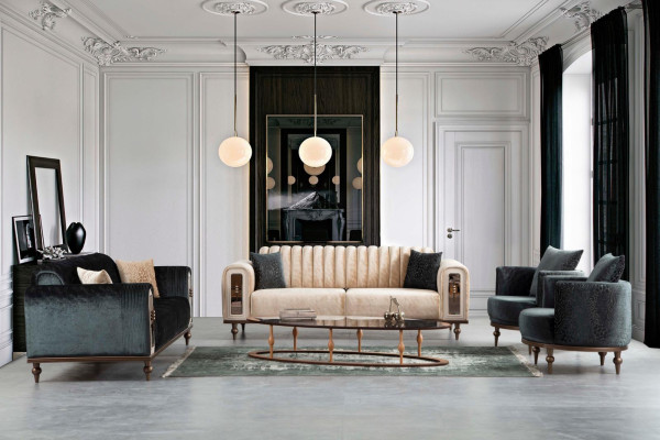 Luxus Bank Sofa Couch Beige Wohnzimmer Kanzlei Textil Sofas