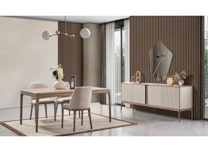 Essgruppe Esstisch 4 Stühle Sideboard Spiegel Modern 7tlg Holz Beige