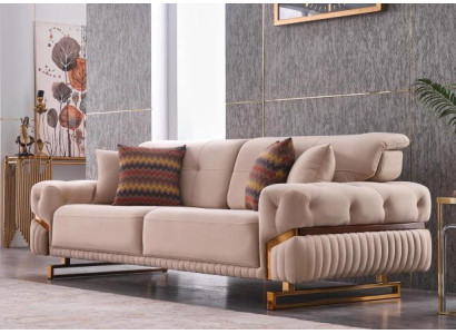 Beiger Dreisitzer Edelstahlmöbel Wohnzimmer Couch Luxus Textil Sofa