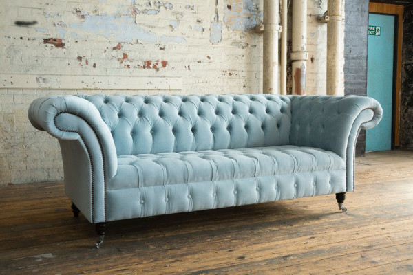 Chesterfield 3 Sitzer Polster Couch Leder Sofa Couchen Textil Modern Stil Blau