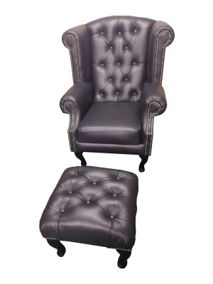 Luxus Ohrensessel und Hocker Chesterfield Sessel Leder Schwarz Modern