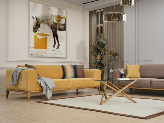 Sofagarnitur Komplette Sofa 431 Sitzer Sessel Stoff Gelb Set 3tlg Neu