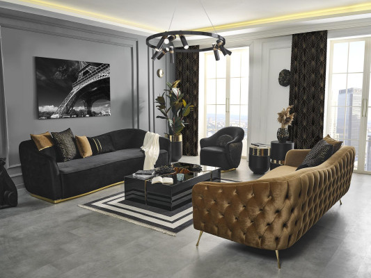 Chesterfield Sofagarnitur Sofa Sessel Blau Polyester Luxus Set 3tlg