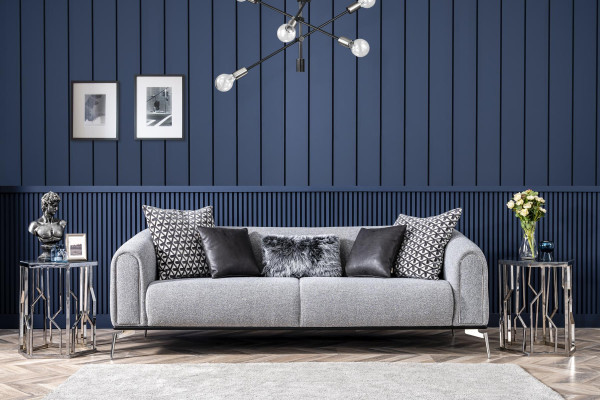 Modern Garnitur Sofa 3 Sitz Sessel Dreisitzer Stoff Grau Modern Polyester