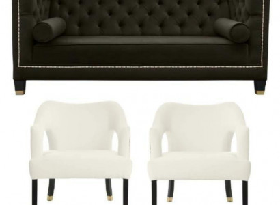 Chesterfield+2 Sessel Schwarz Weiß XXL Big Textil Stoff Couchen Kreative