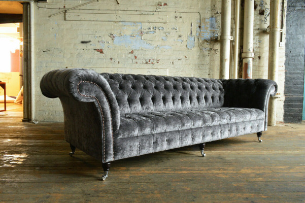 Designer Chesterfield Graue Luxus Couch Sofa 4 Sitzer Stoff Sofa