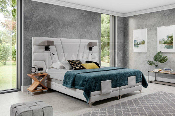 Bett Betten Doppelbett Schlafzimmer Leder Polster Textil Hotel + Lampen