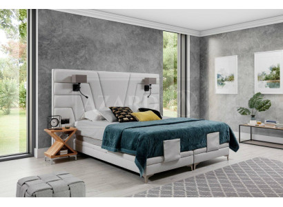 Bett Betten Doppelbett Schlafzimmer Leder Polster Textil Hotel + Lampen