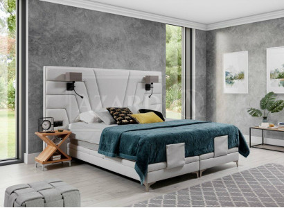 Bett Betten Doppelbett Schlafzimmer Leder Polster Textil Hotel + Lampen