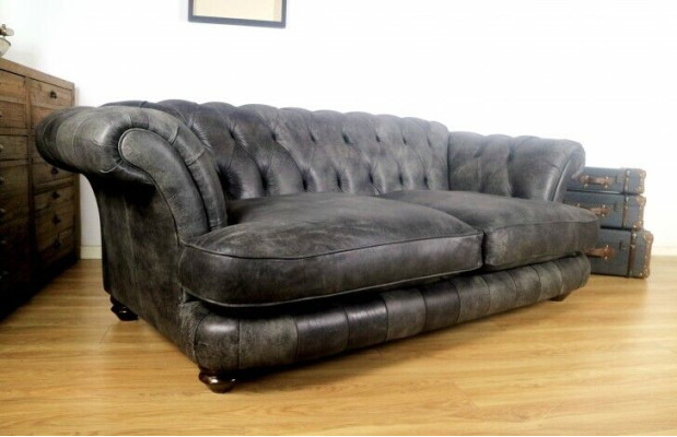 Chesterfield Big Xxl Couch % Leder Schwarzer 3-Sitzer Vintage-Stil