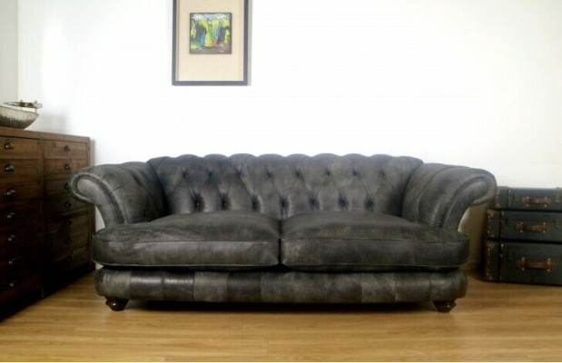 Chesterfield Big Xxl Couch % Leder Schwarzer 3-Sitzer Vintage-Stil