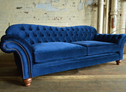 Design Sofa 4 Sitzer Couch Textil Polster Blau Klassische Sofas Chesterfield Neu