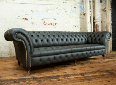 Grauer Chesterfield 4 Sitzer Big Sofa Couch Textil Leder Polster Sofas