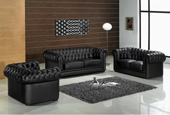 Schwarze Chesterfield Sofas 3+2+1 Set Polster Designer Sofas Garnitur