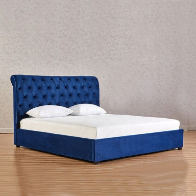 Blaues Chesterfield Doppelbett Schlafzimmer Luxus Möbel Polster Betten