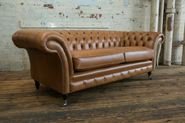 Sofa 3 Sitzer Couch Chesterfield Polster Sitz Garnitur Leder Braun Textil