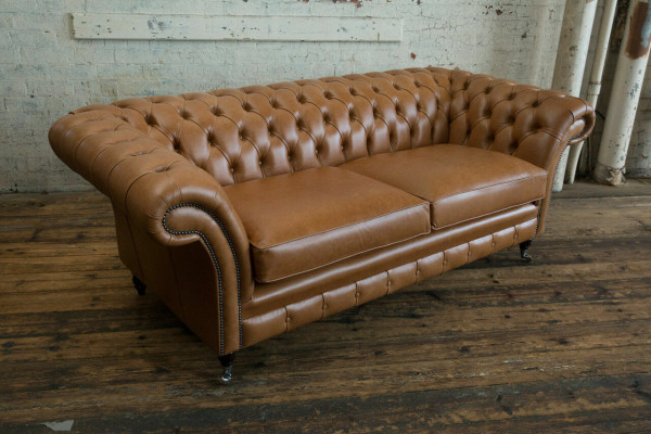 Sofa 3 Sitzer Couch Chesterfield Polster Sitz Garnitur Leder Braun Textil