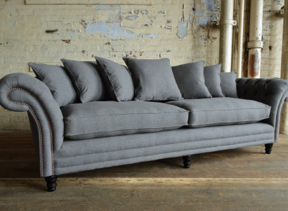 Klassische Chesterfield Couch 4 Sitzer Sofa Couch Samt Leder Design Grau 265cm