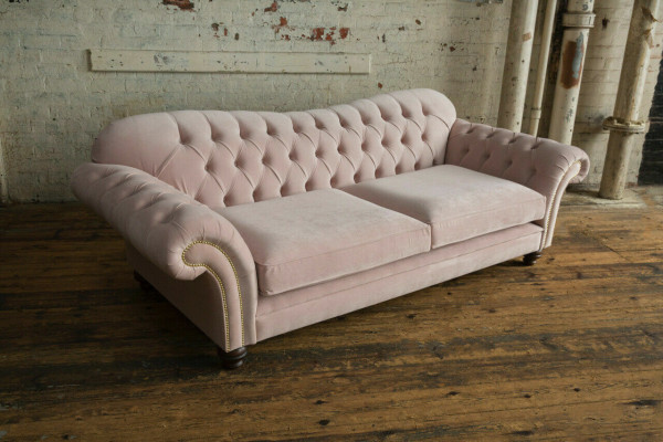 Klassische Chesterfield Couch 4 Sitzer Sofa Couch Samt Leder Design Rosa 240cm